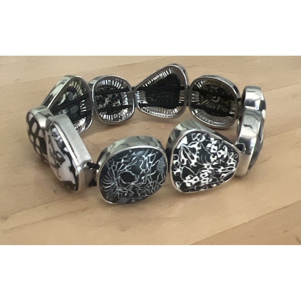 Vintage Viva Beads Bracelet Floral Spotted Artsy Black White Stretch Jewelry